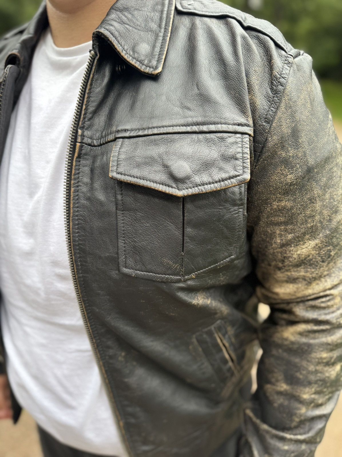 Armani Exchange Armani Jeans Black Leather Jacket – Distressed Look Size US L / EU 52-54 / 3 - 7 Thumbnail