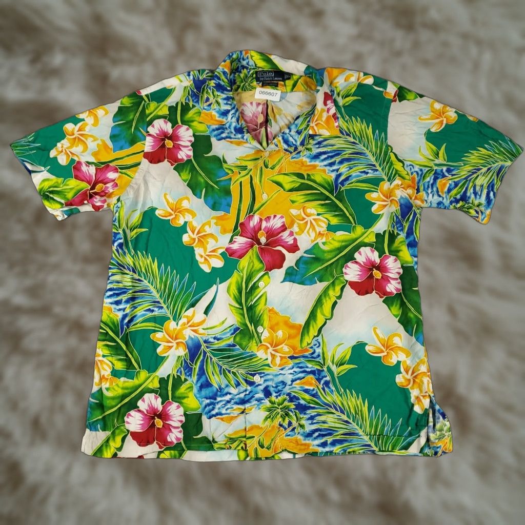 Ralph Lauren Shirt Mens XL Green Floral Caldwell Camp Collar Viscose Hawaiian