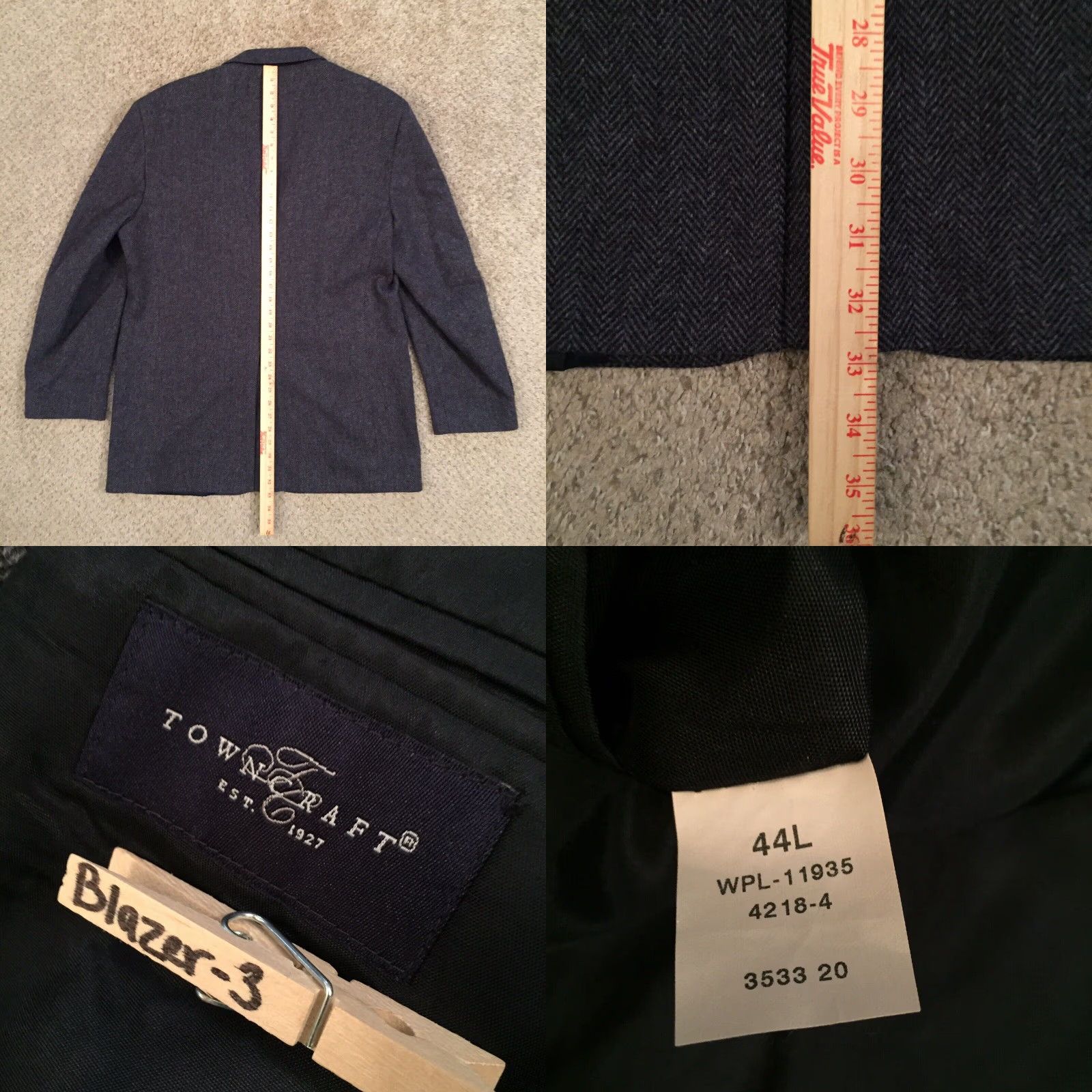 Vintage TownCraft Blazer Mens 44 Long Blue Herringbone Single Breasted Two Button Wool Jacket Size 44R - 8 Thumbnail