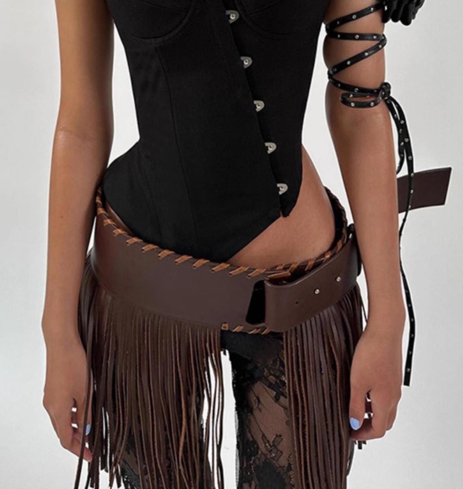 Japanese Brand Y2K Edgy Chunky Modern Belt, Tassel Wide Strap Waistband Size ONE SIZE - 1 Thumbnail