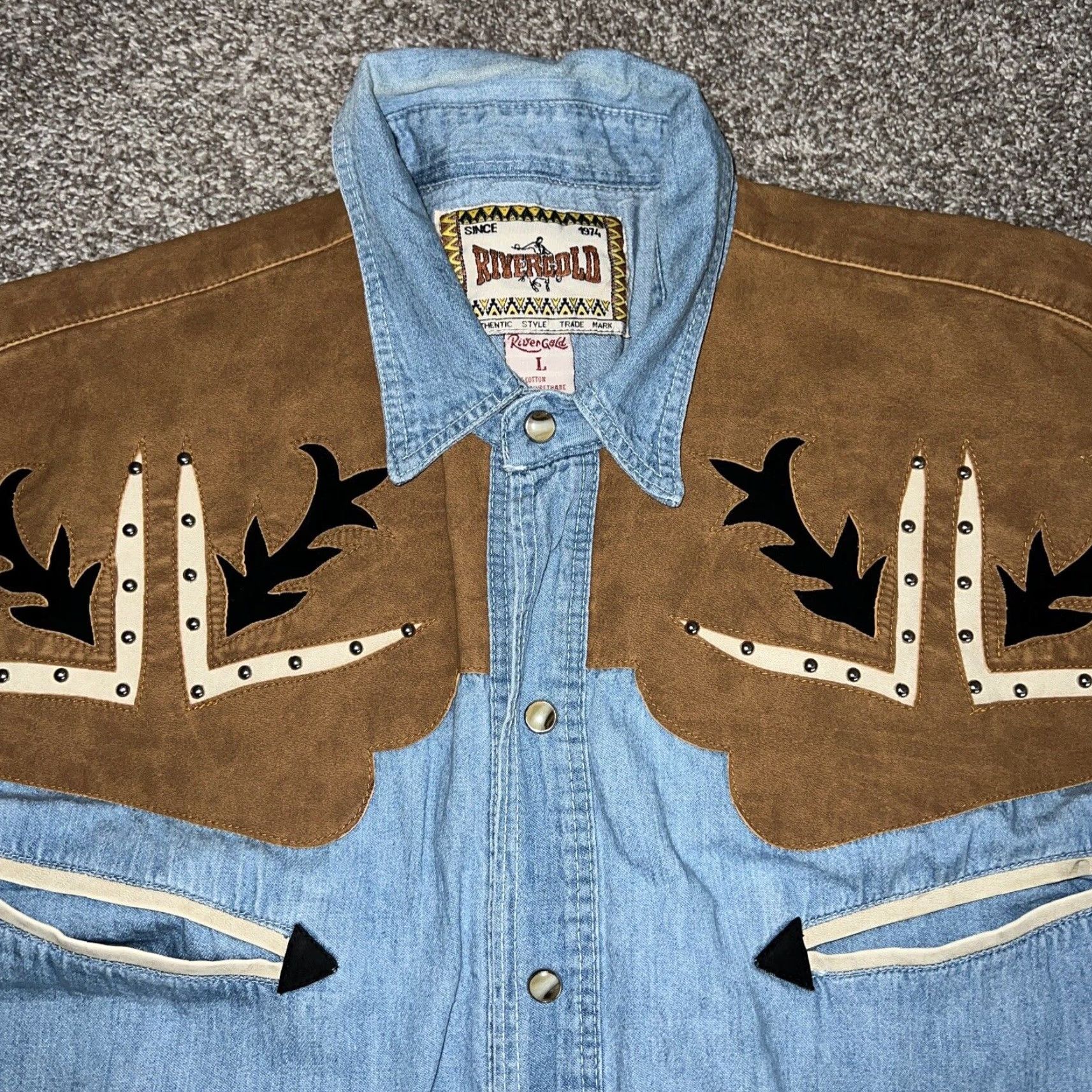 Vintage VINTAGE SNAP Denim Button-Up Shirt Gold Blue Long Sleeve Men’s Size L Metal Size US L / EU 52-54 / 3 - 2 Thumbnail