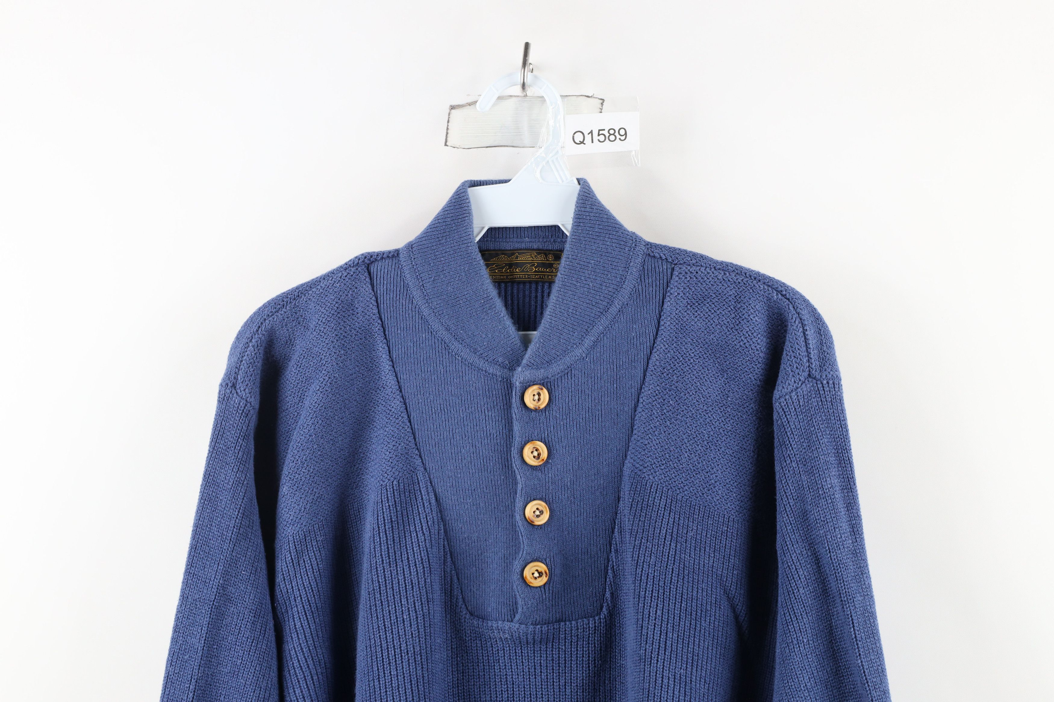 Eddie Bauer × Vintage Vintage 90s Eddie Bauer Ribbed Knit Henley Sweater Blue Size US M / EU 48-50 / 2 - 2 Thumbnail