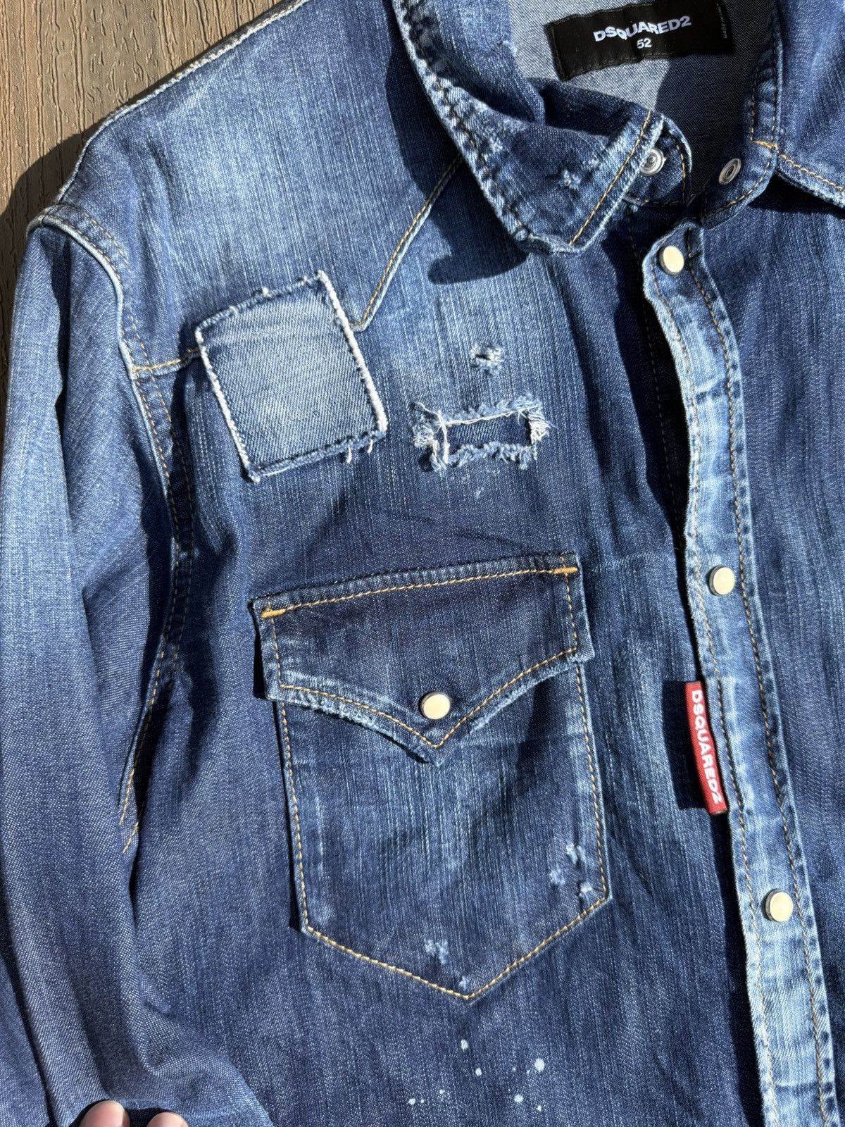 Dsquared2 Dsquared2 Blue Distressed Denim Patch Appliquéd Shirt Size US L / EU 52-54 / 3 - 7 Thumbnail