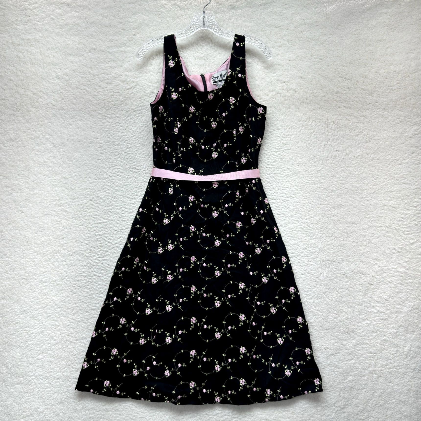 Vintage VINTAGE 90s Y2K A-Line Midi Dress Black Pink Floral Linen Blend Empire Large 10 Girls? Size L / US 10 / IT 46 - 2 Thumbnail