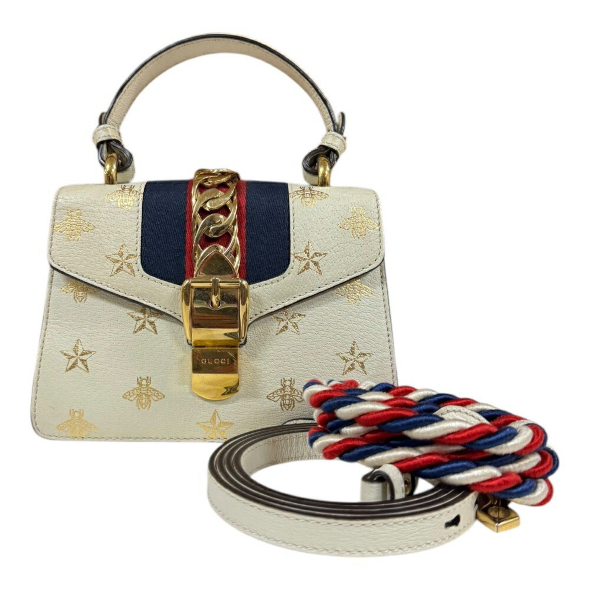 Gucci Bee Star Sylvie Shoulder Bag Leather 470270 White Women's
