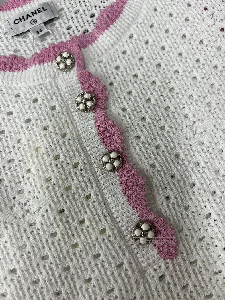 Chanel Chanel 24P white knitted hollowed-out pink-edged vest Size XXS / US 00 / IT 34 - 4 Thumbnail
