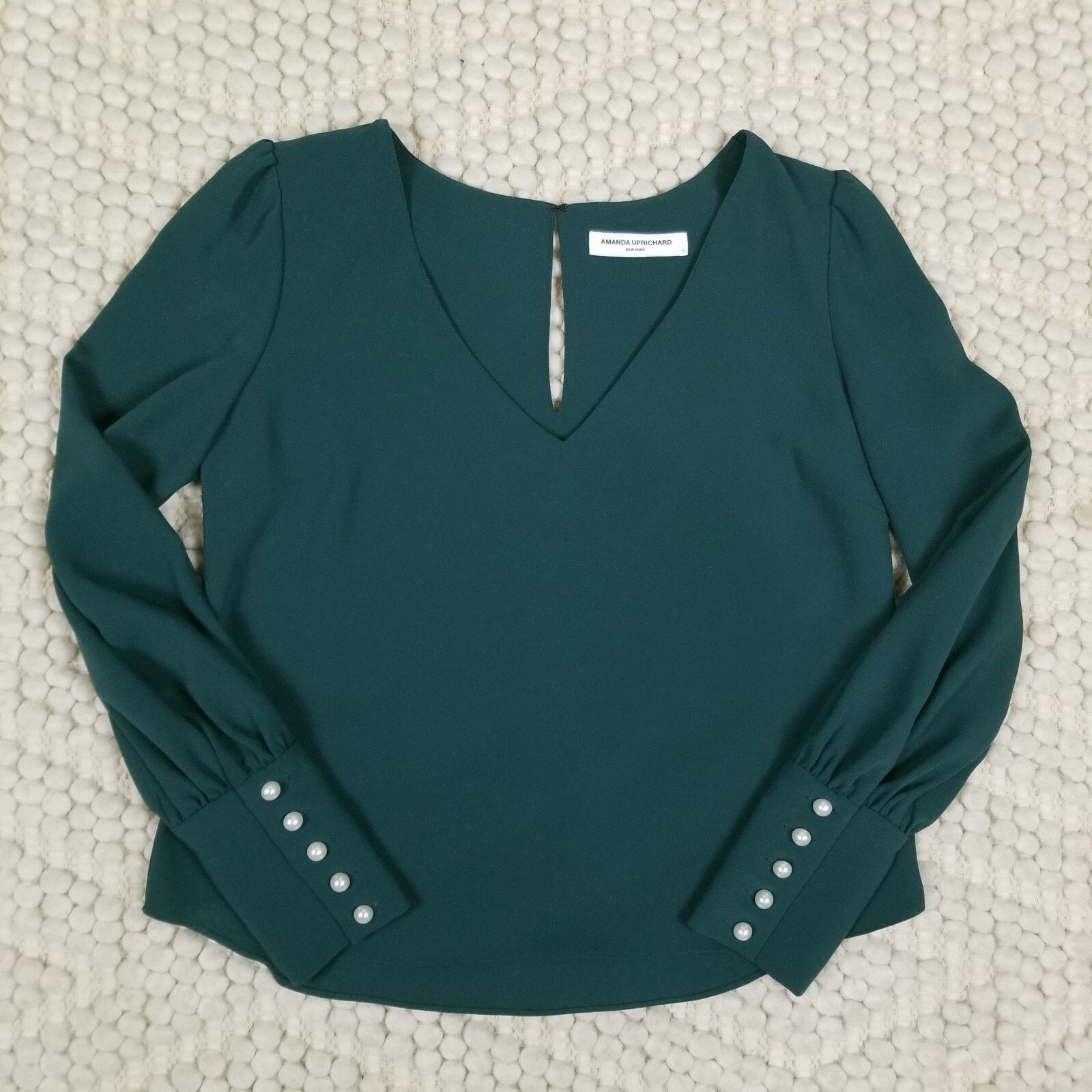 Amanda Uprichard Amanda Uprichard V-Neck Pearl Sleeve Blouse Green Sz Small Size S / US 4 / IT 40 - 6 Thumbnail