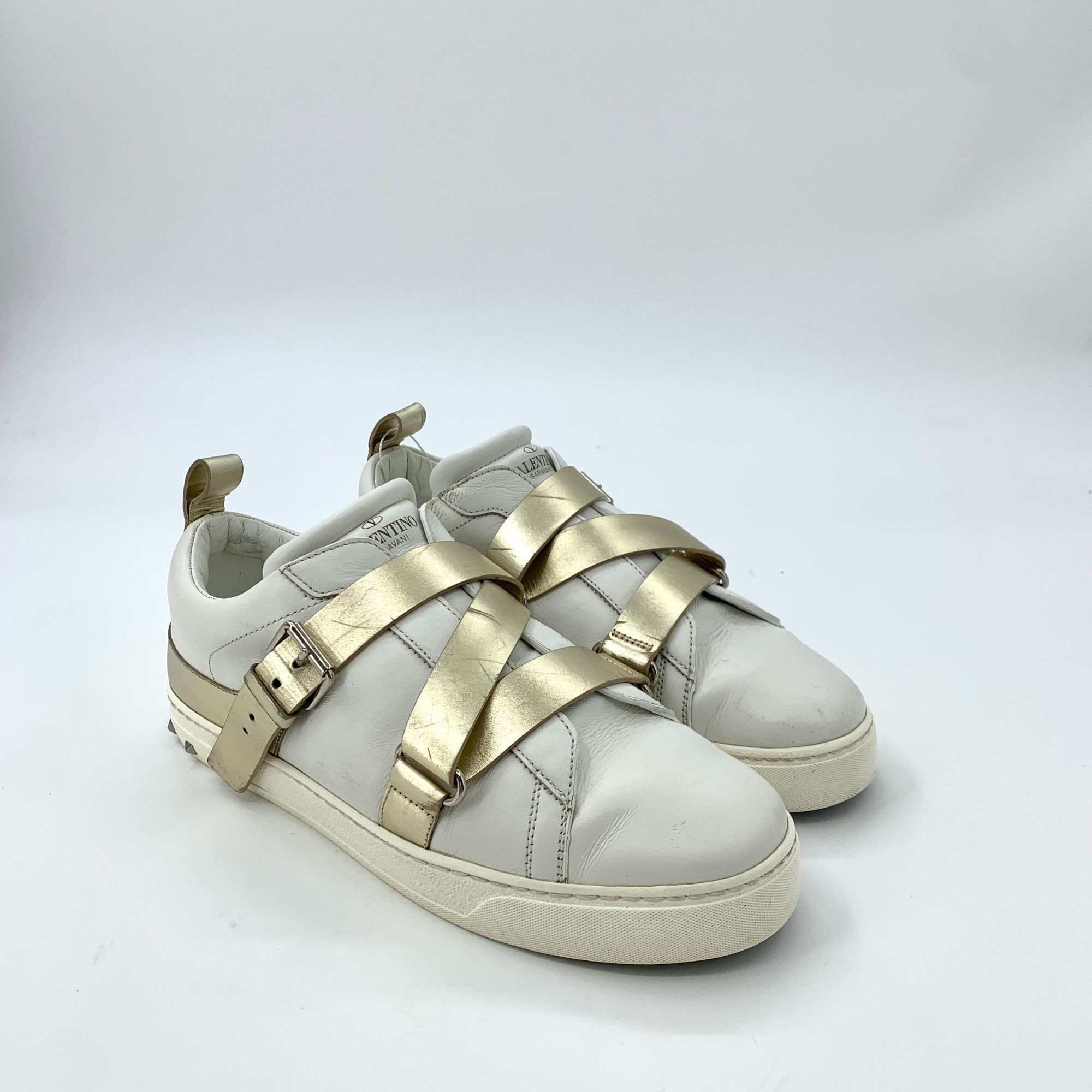 Valentino Valentino White & Gold Leather Studded Strap Sneakers Size US 7 / IT 37 - 2 Thumbnail