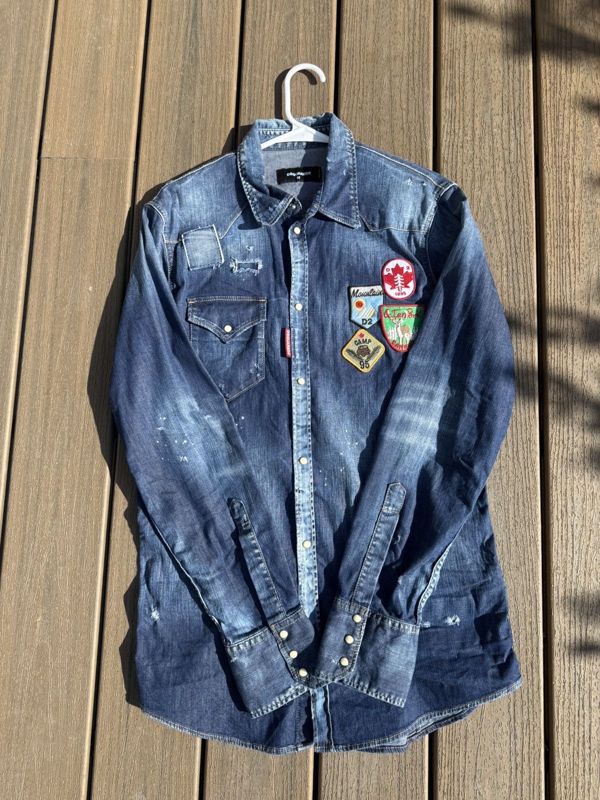 Dsquared2 Dsquared2 Blue Distressed Denim Patch Appliquéd Shirt Size US L / EU 52-54 / 3 - 2 Thumbnail