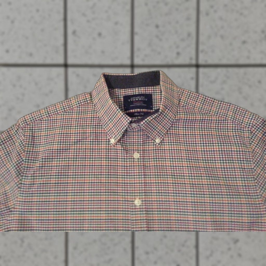 Charles Tyrwhitt VINTAGE Charles TYRWHITT Plaid Dress Shirt M Medium Slim Green Red Button Cotton Size 40R - 1 Thumbnail