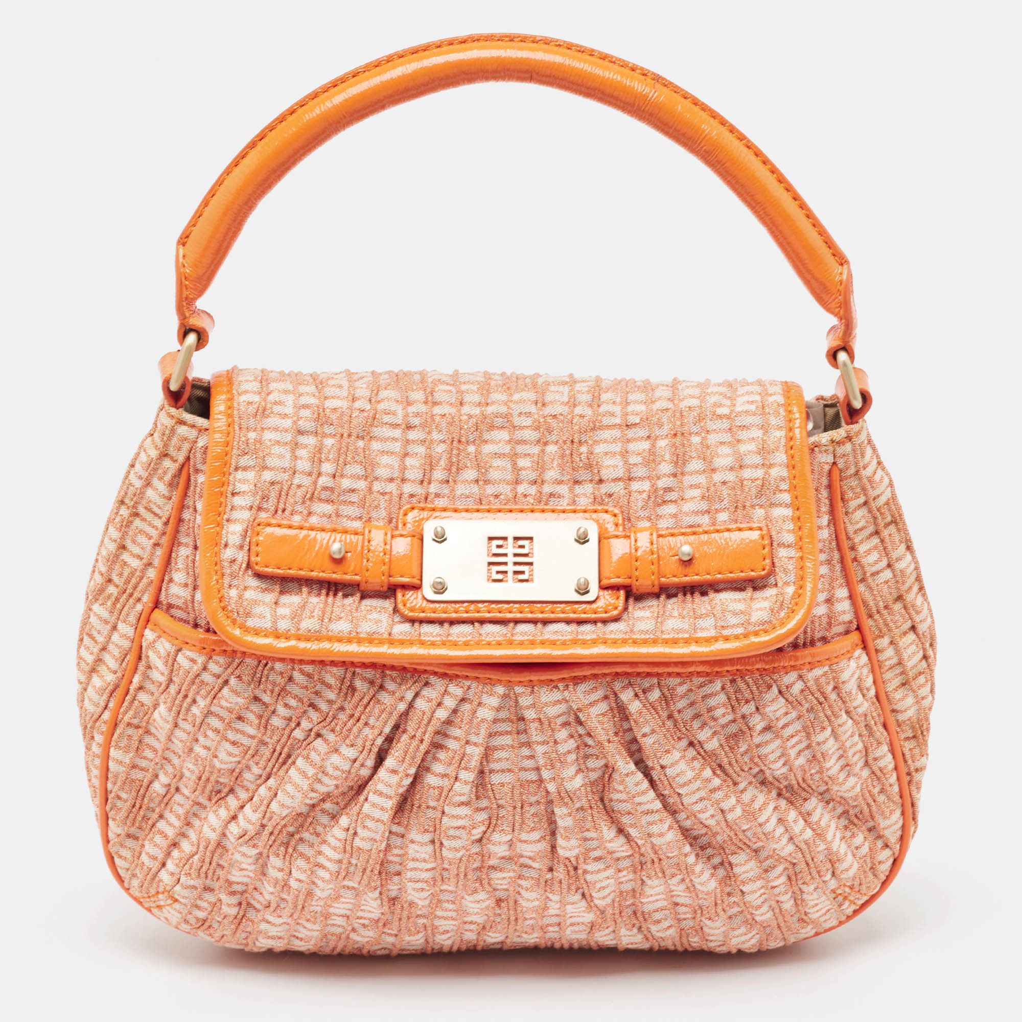 image of Givenchy Orange/gold Monogram Pleated Fabric And Patent Leather Logo Plague Hobo, Women's