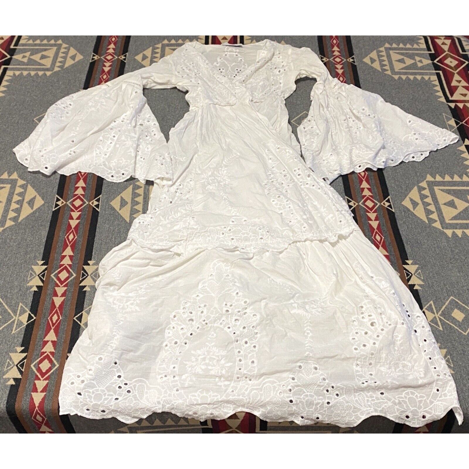 image of We Are Leone Ivory Broderie Anglaise Cotton Maxi Dress Embroidered Bell Xs T74 in White, Women's