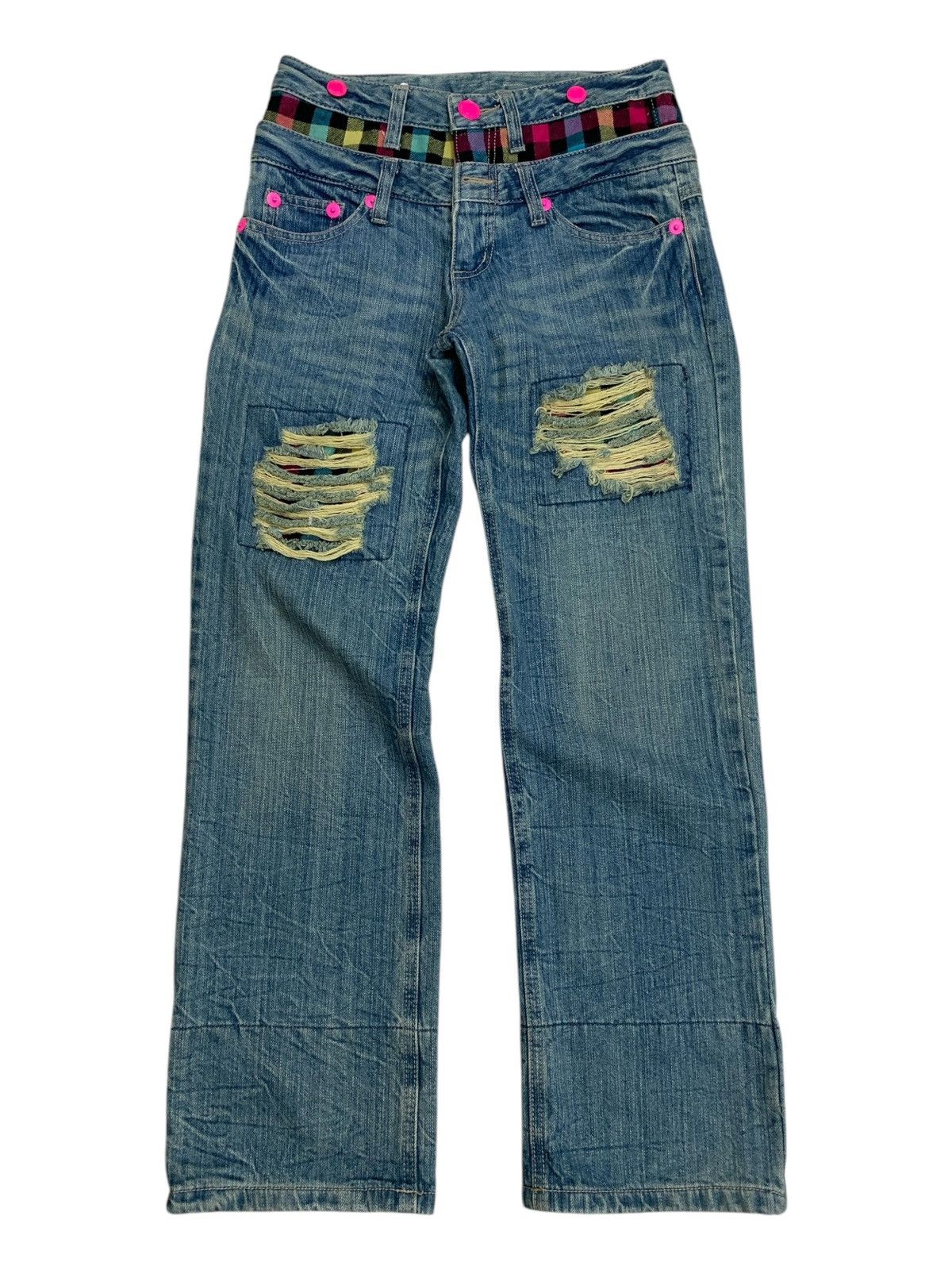 20471120 Double Waist Tartan Plaid Junya Style Distressed Rusty Denim Size US 27 - 2 Thumbnail