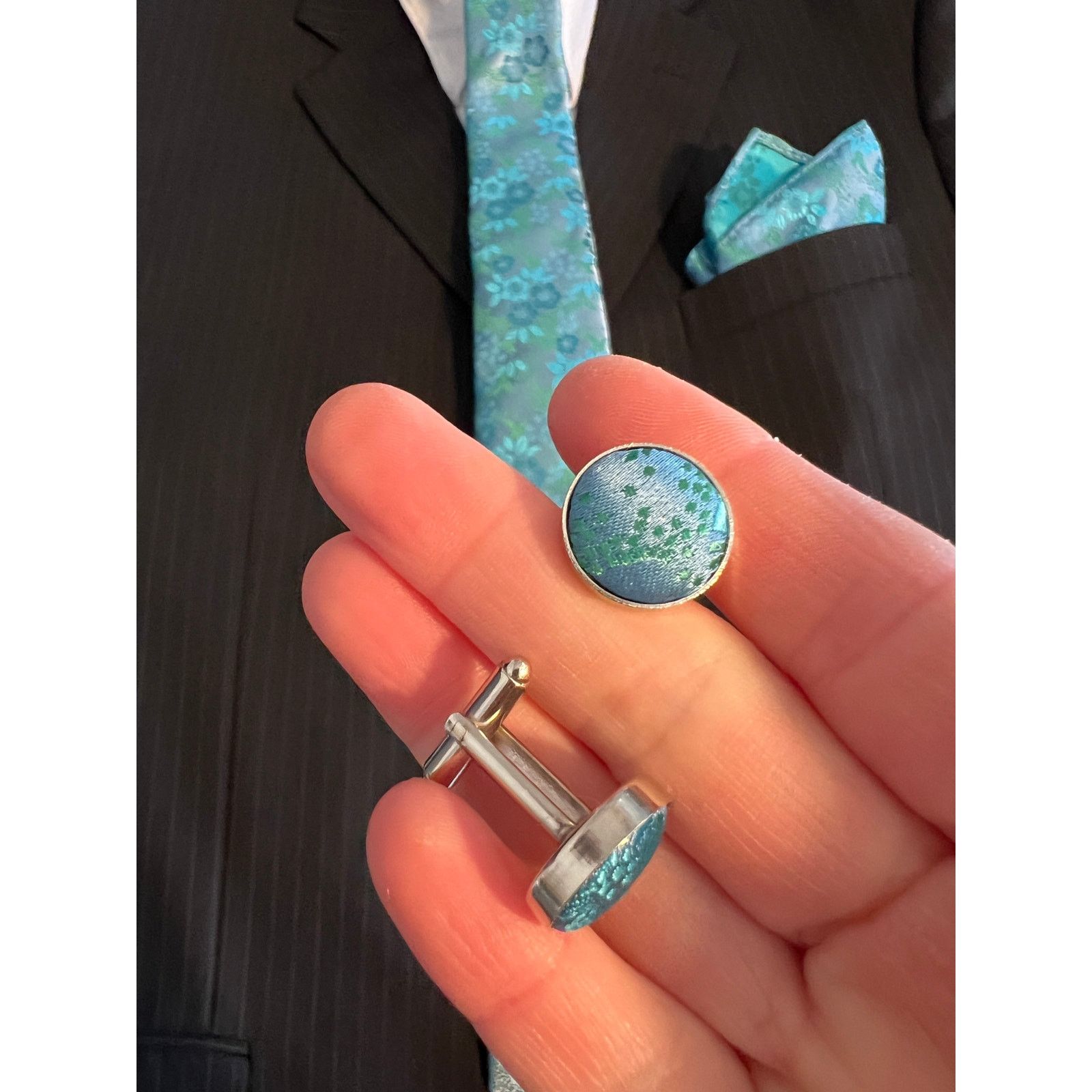 Other Men’s 3 Piece Tie Set Teal Cyan Tie Pocket Square Cufflinks Size ONE SIZE - 3 Thumbnail