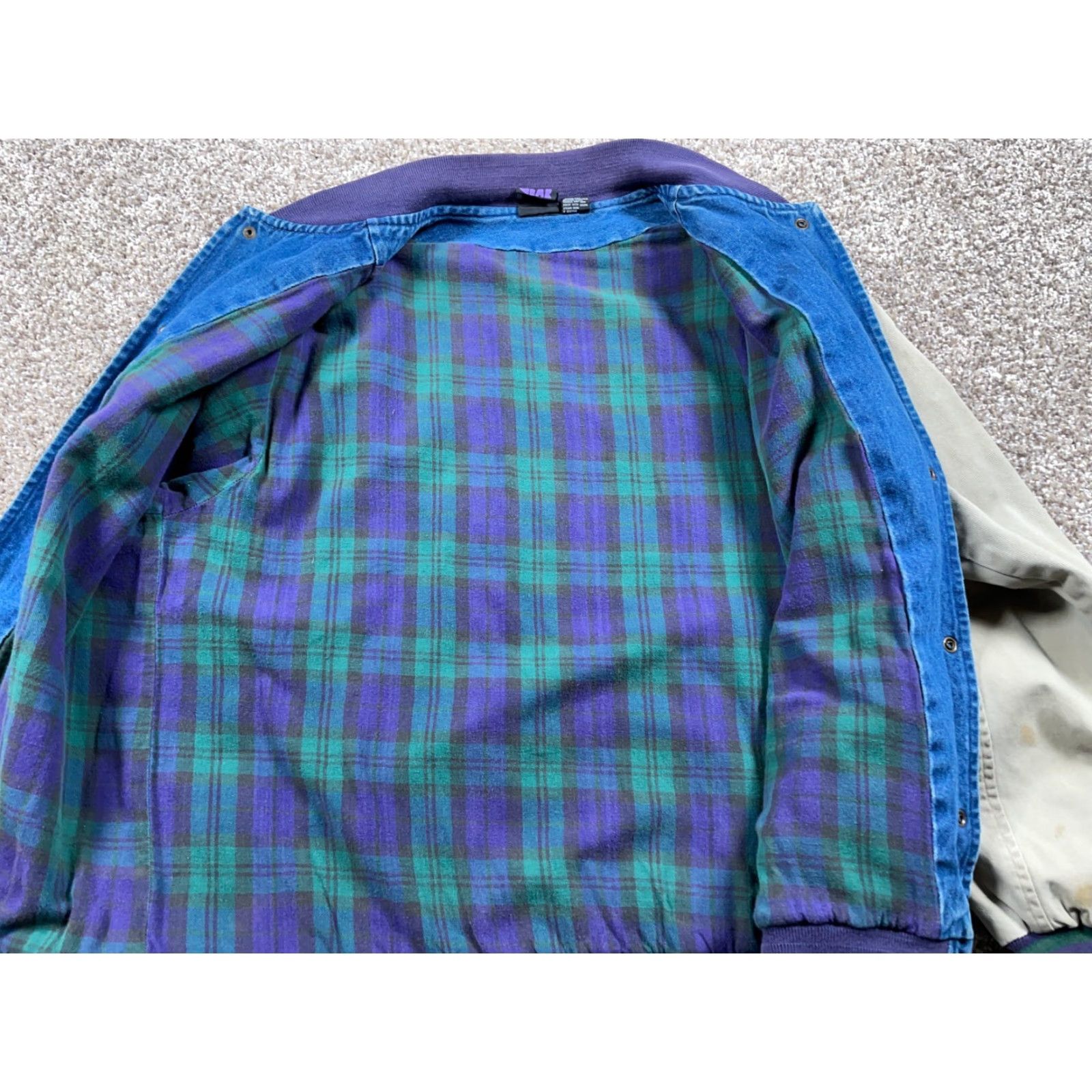 Denime VINTAGE Denim Bomber Jacket Men XL Blue Beige Tartan Lining Snap Front 90s Retro Preppy Pockets Size US XL / EU 56 / 4 - 4 Thumbnail