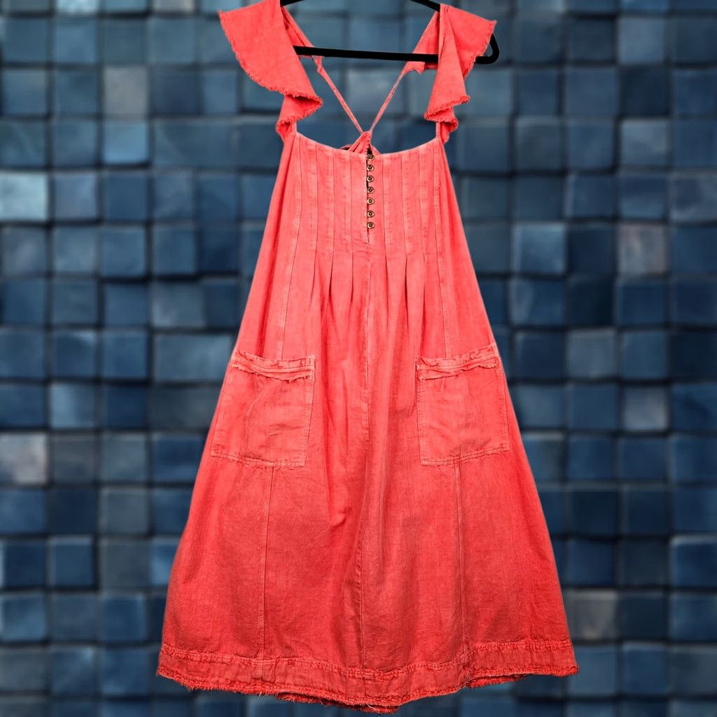 Anthropologie Anthropologie Pilcro Denim Linen Blend Midi Dress Flutter Sleeve Red Motif Solid Size M Women Vest/Bohemian A-Line Dress Size M / US 6-8 / IT 42-44 - 1 Thumbnail