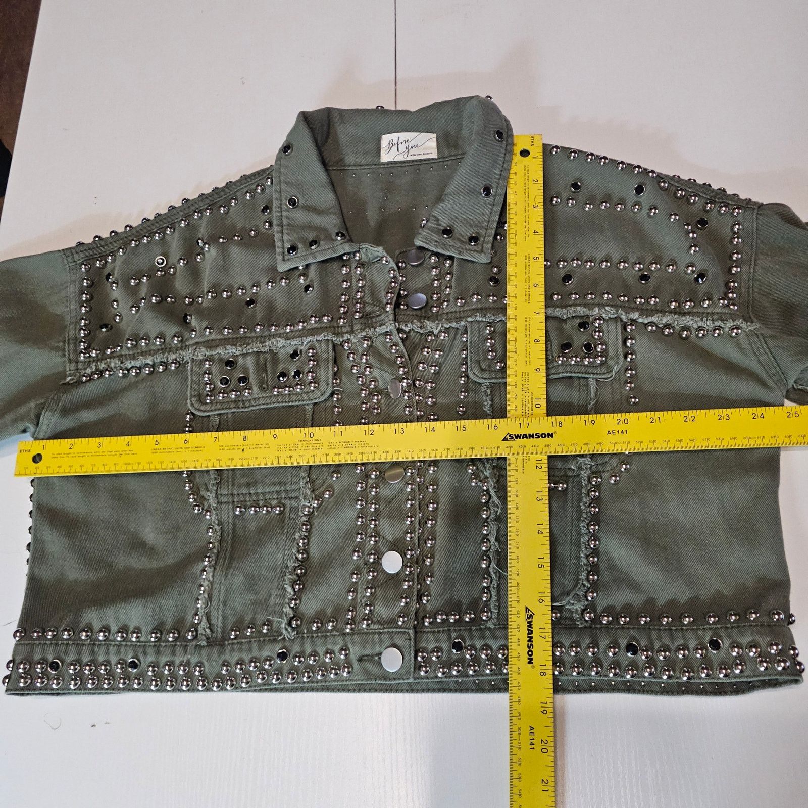 Other Before You With Love Olive Green Studded Crop Denim Jacket M Size M / US 6-8 / IT 42-44 - 6 Thumbnail