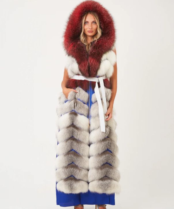 Women’s Hooded Ruby Arctic Fox Fur Long Vest