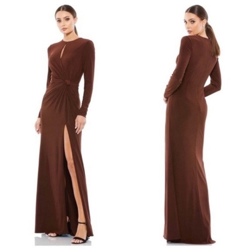 Mac Duggal Mac Duggal Chocolate Long Sleeve Keyhole Draped Jersey Dress Size XS / US 0-2 / IT 36-38 - 1 Thumbnail