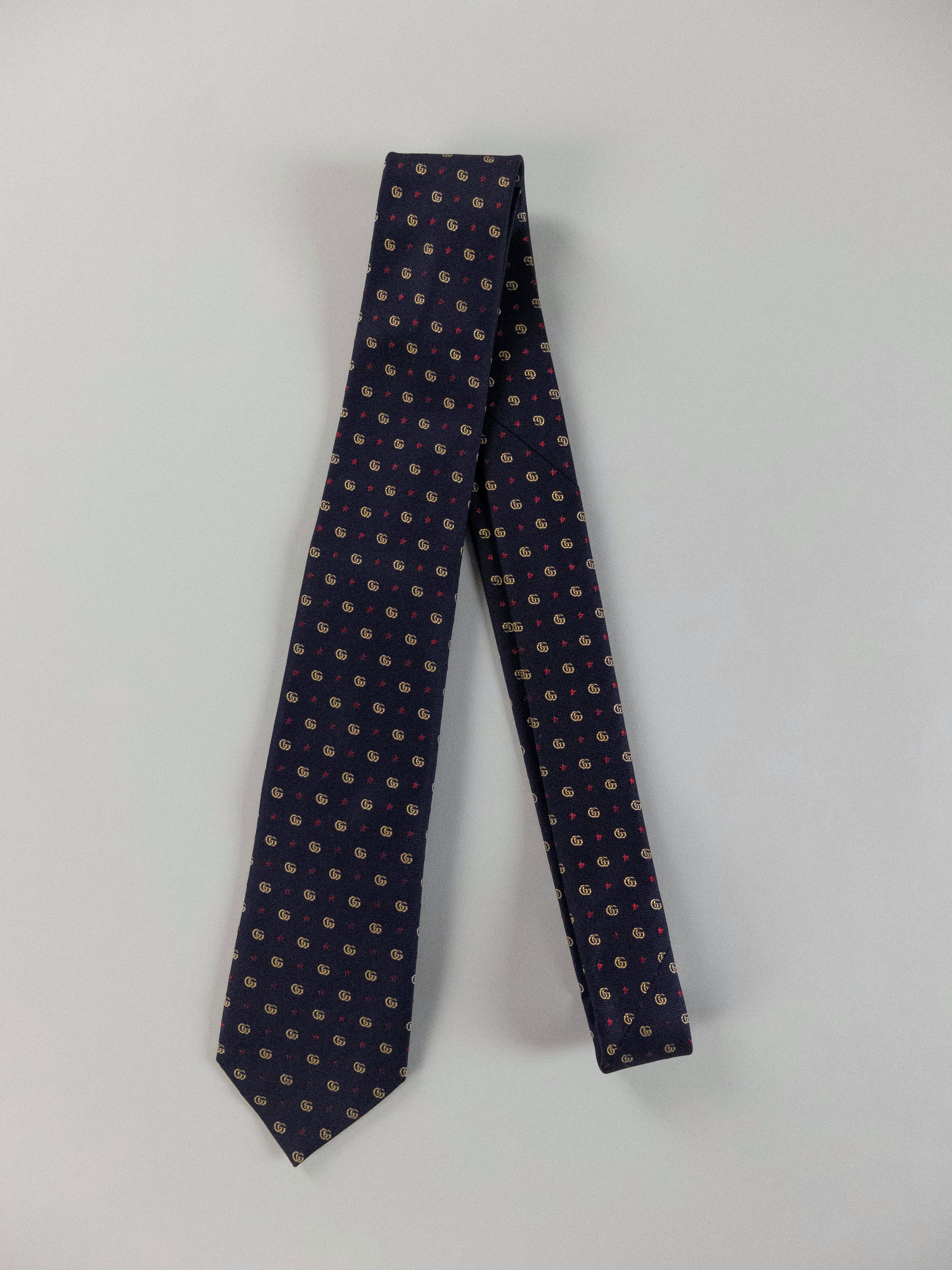 Gucci GUCCI navy blue interlocking GG logo & stars motif silk tie Size ONE SIZE - 1 Thumbnail