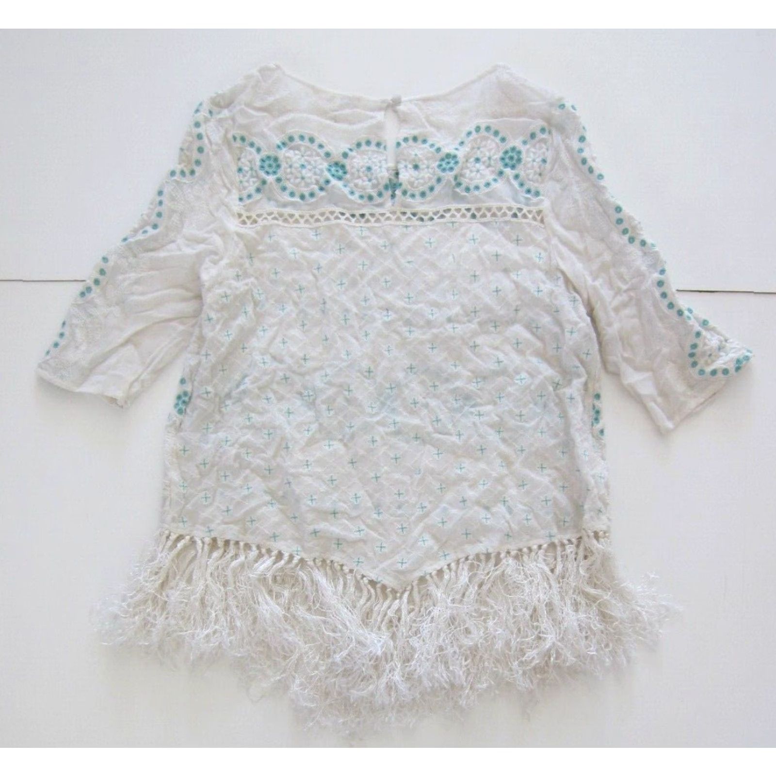 Anthropologie VINTAGE Floreat Anthropologie Cotton White Green Embroidered Fringe Tunic Blouse 8 Size M / US 6-8 / IT 42-44 - 2 Thumbnail