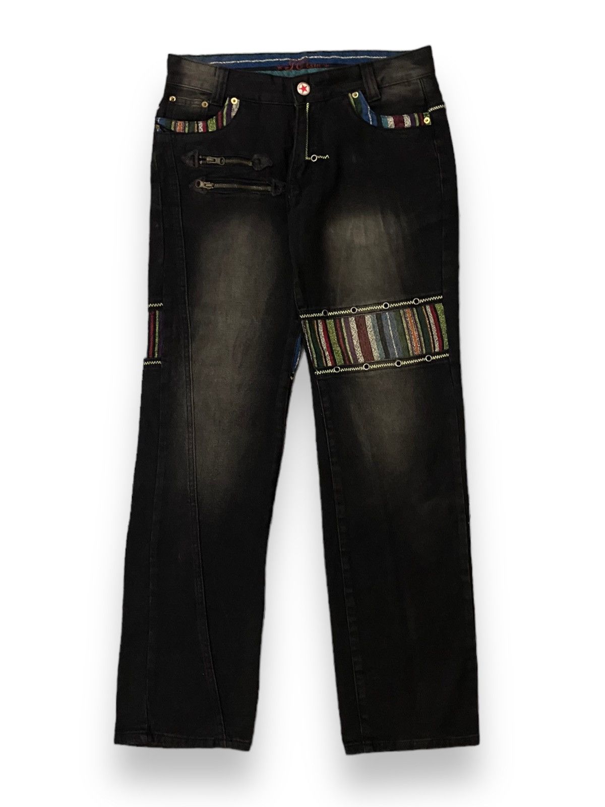 image of Avant Garde x Jnco Jo'ism Japan Jean Art Thigh Pocket Hippie Psychedlics Style in Faded Black (Size