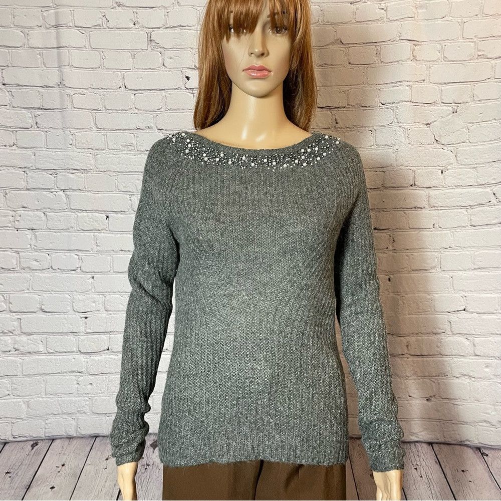 Ann Taylor Ann Taylor Long Sleeve Alpaca Blend Jeweled Collar Gray Swe Size S / US 4 / IT 40 - 3 Thumbnail