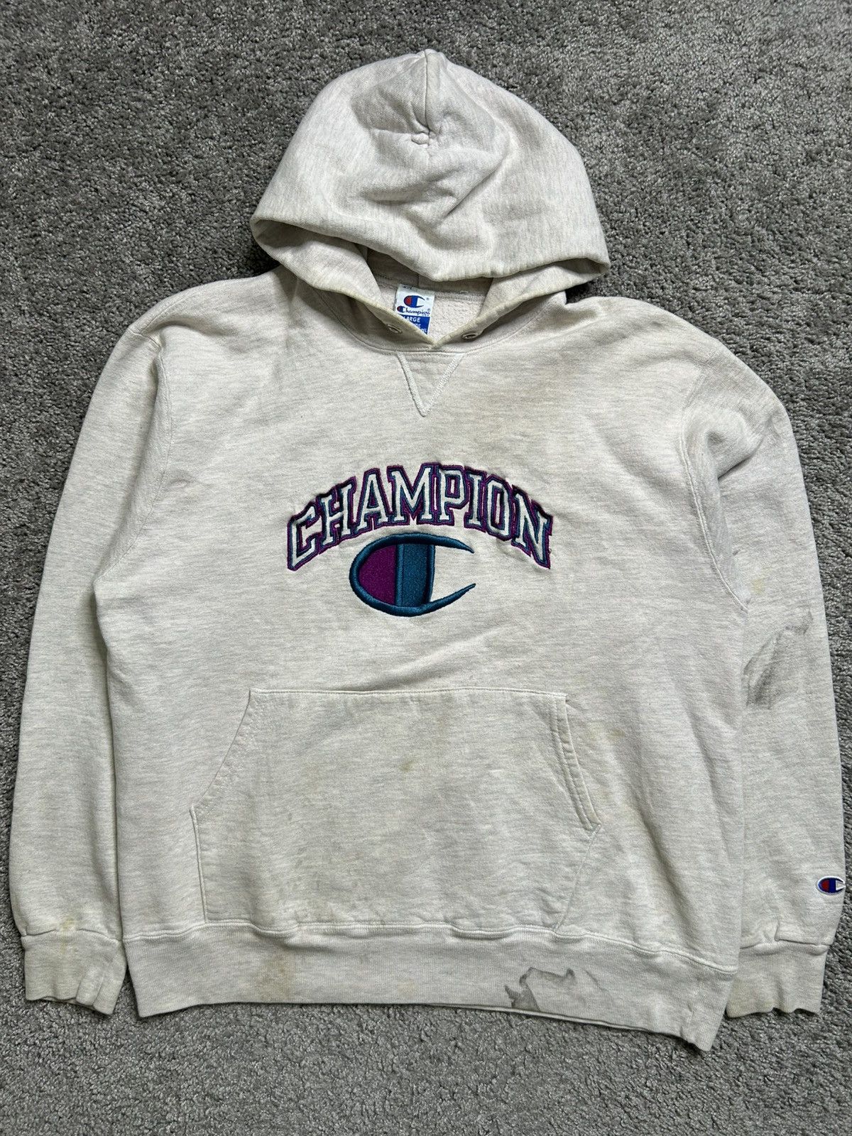 Champion Vintage 90s Champion Sweatshirt Hoodie Spellout Grey USA Size US L / EU 52-54 / 3 - 1 Thumbnail