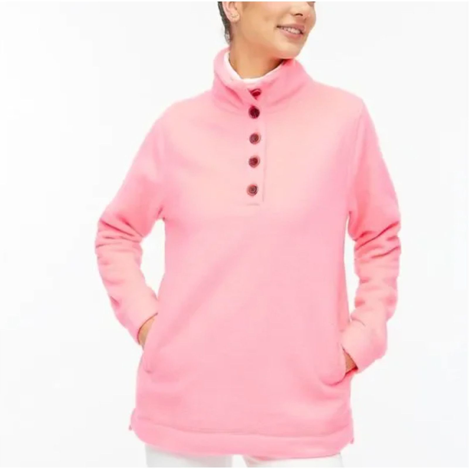 J.Crew J.Crew Coral Pink Fleece Snap Sweatshirt Funnel Neck Sm Size S / US 4 / IT 40 - 1 Thumbnail