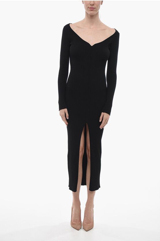 image of Courreges Ribbed Knitted Dress With Front Split in Black, Women's (Size Large)