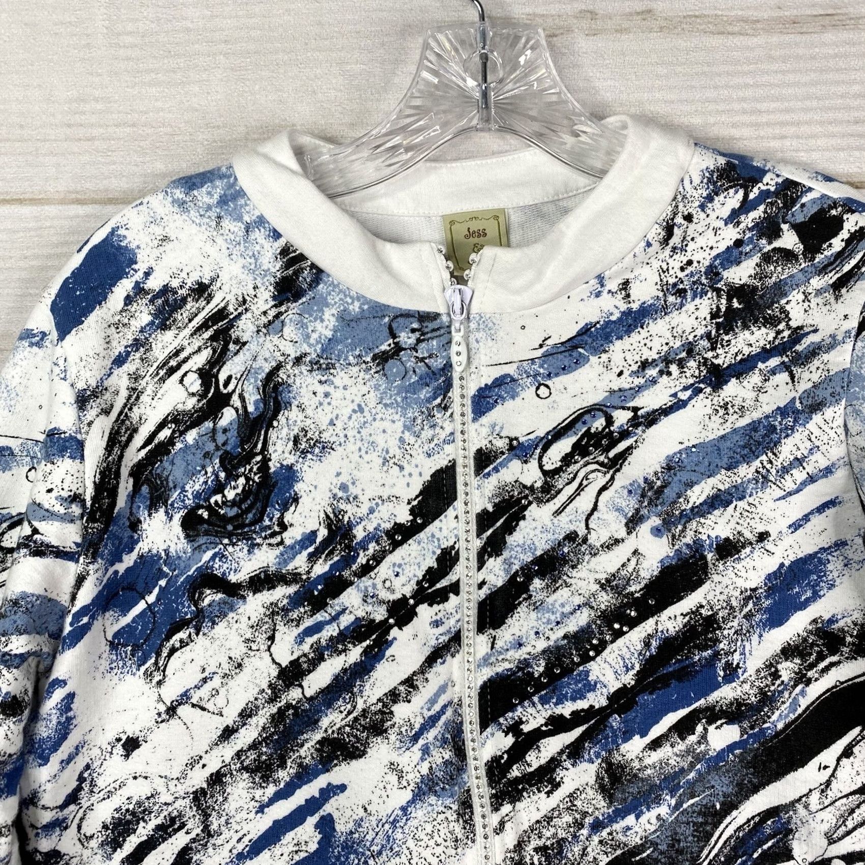 Vintage Jess & Jane Sweatshirt Womens M Black White Blue Splatter Rhinestones Full Zip Size M / US 6-8 / IT 42-44 - 2 Thumbnail