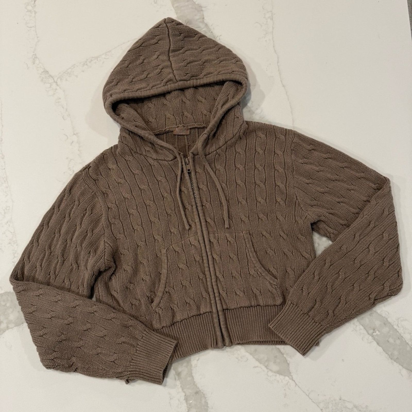 Brandy Melville John Galt Crystal Cable Knit Hoodie Women’s OS Brown FullZip Size S / US 4 / IT 40 - 5 Thumbnail