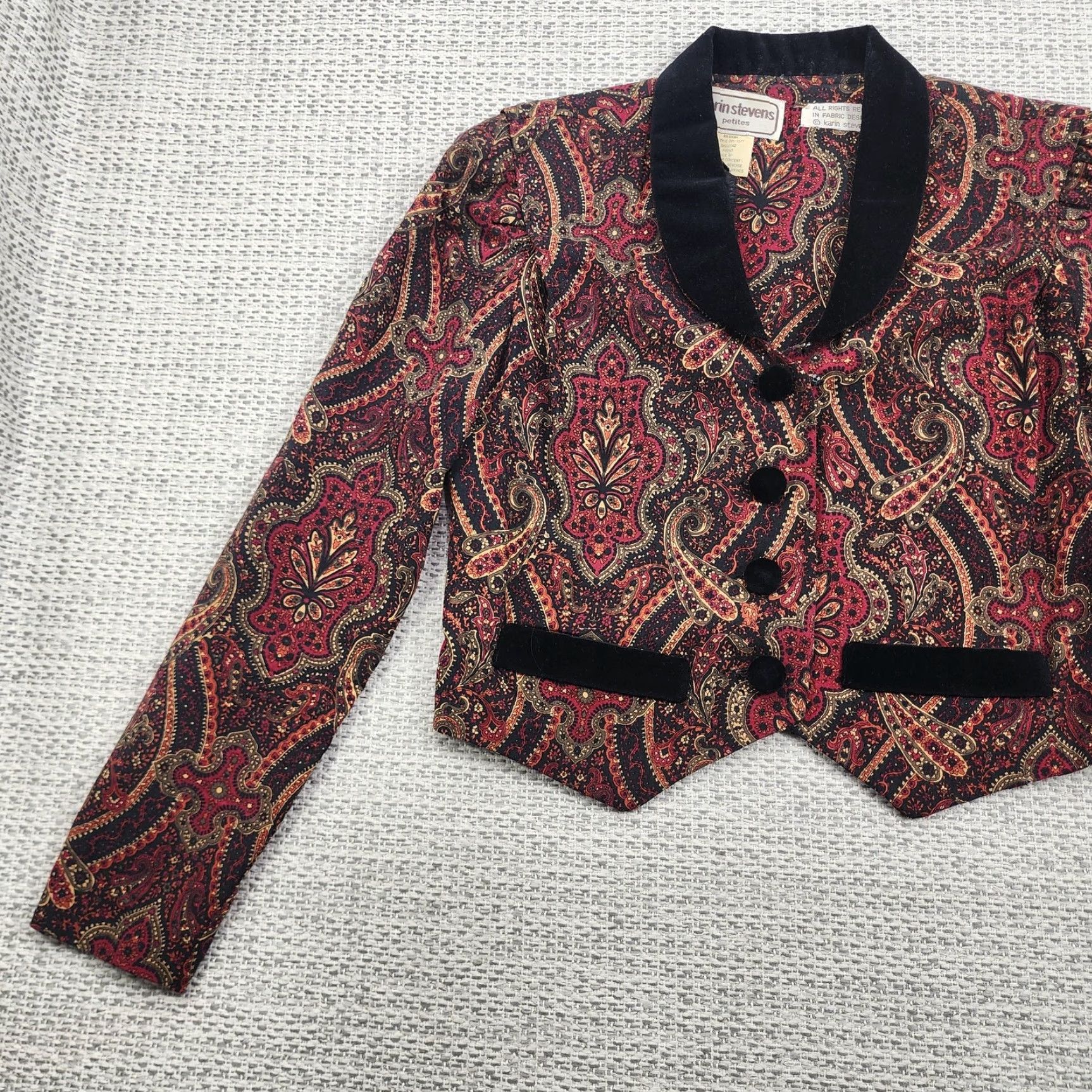 Velvet VINTAGE Karin Stevens Blazer Womens 4P Petite Red Black Paisley Velvet Trim 90s Size S / US 4 / IT 40 - 3 Thumbnail
