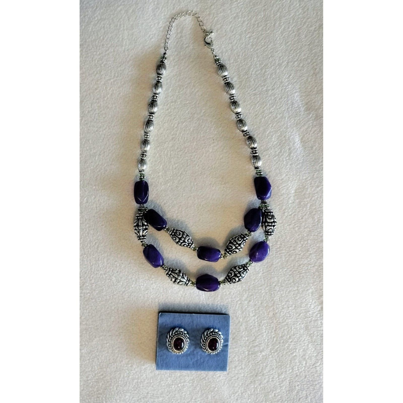 Vintage Avon Vintage Necklace Earrings Set Bold Amethyst Button Silv Size ONE SIZE - 18 Thumbnail