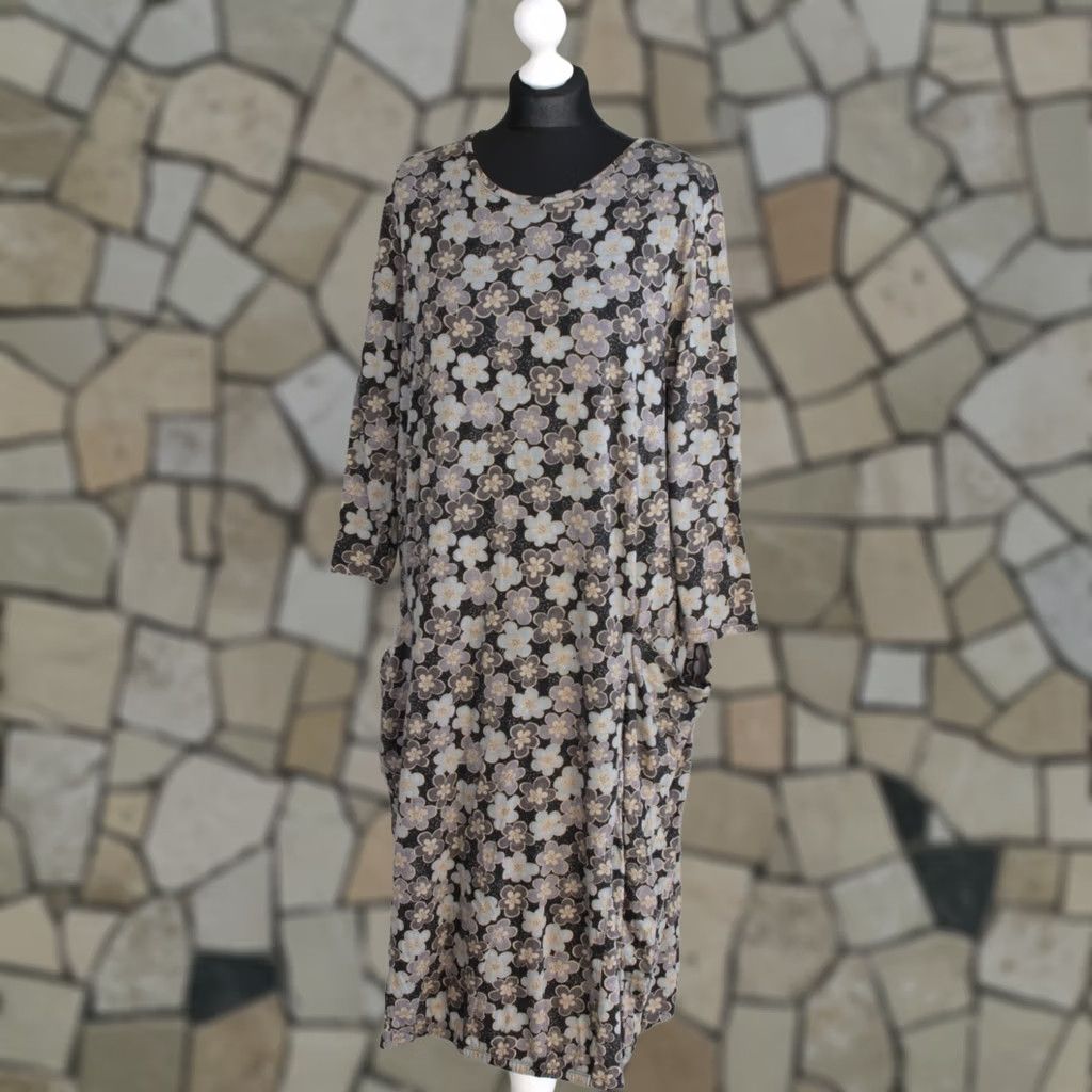 Vintage Gudrun Sjoden Floral Dress Womens L A-Line Midi Grey Dress Length 109 cm Sleeves 48 cm Size L / US 10 / IT 46 - 1 Thumbnail
