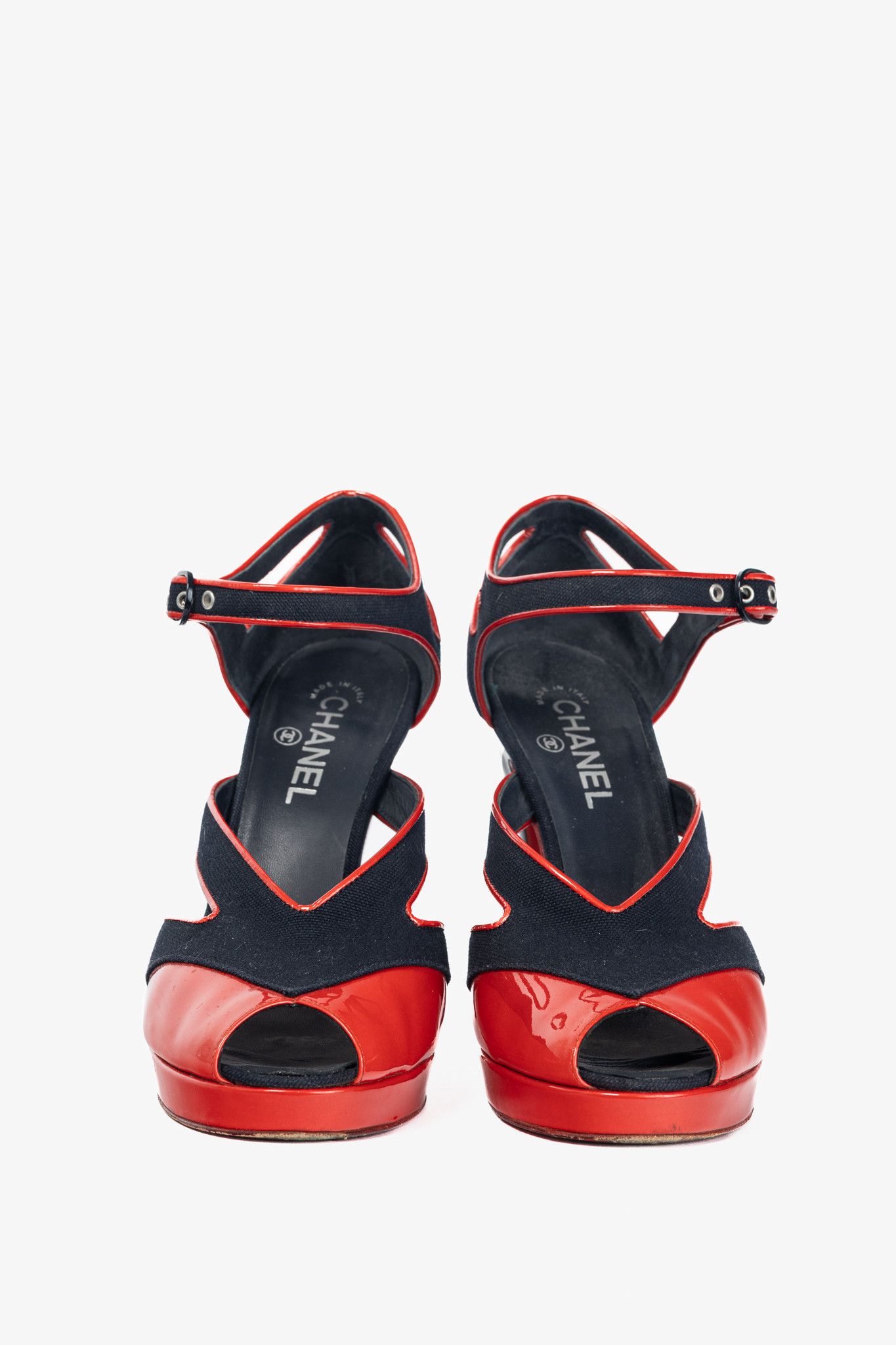 Chanel Chanel SS/08 Runway Navy Canvas & Red Patent Leather Sandals Size US 10.5 / IT 40.5 - 2 Thumbnail