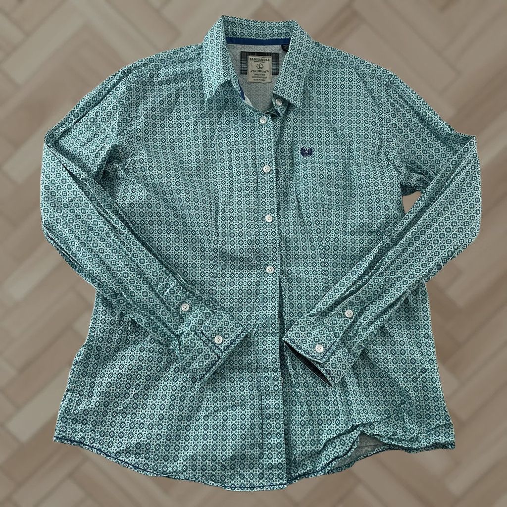 Vintage Panhandle Rough Stock Shirt Adult L Blue All Over Print Long Sleeve Button Front Western Mens Size US L / EU 52-54 / 3 - 1 Thumbnail
