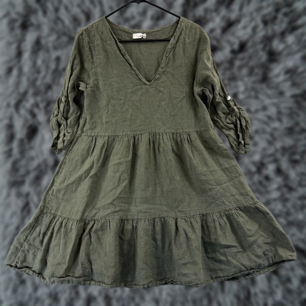 Vintage Bellambra Dress Women Medium Green Linen Trapeze Midi Boho Roll Tab Sleeve Italy Vintage No Size M / US 6-8 / IT 42-44 - 1 Thumbnail