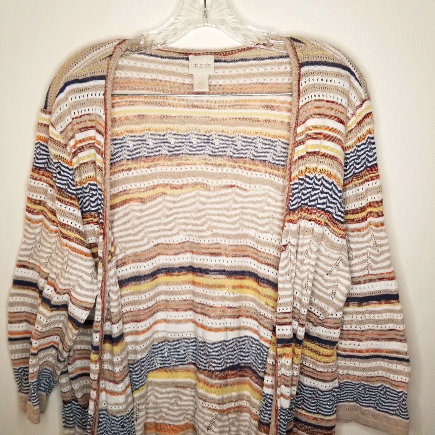 Vintage CHICOS Cardigan Shirt Women 3/4 Sleeve Beige Striped Size 2 Adult Womens Size XS / US 0-2 / IT 36-38 - 2 Thumbnail