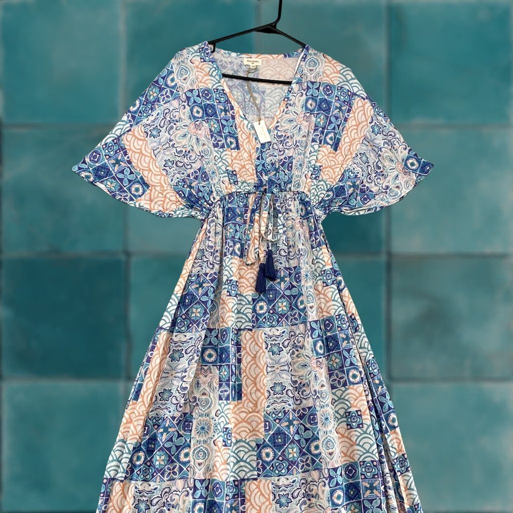 Vintage World Market Maxi Dress Womens Small Medium Blue Boho Kaftan Kimono India Size M / US 6-8 / IT 42-44 - 1 Thumbnail
