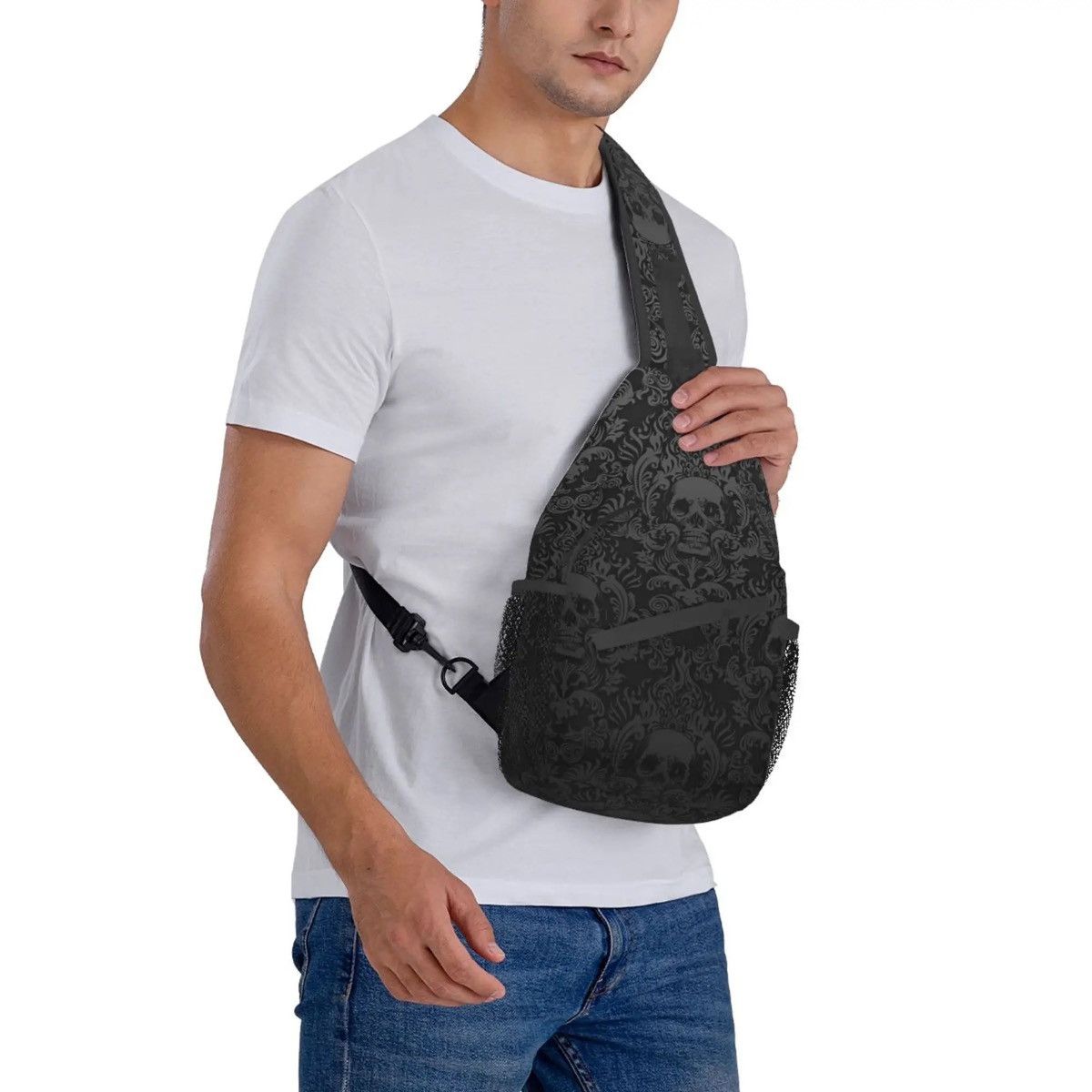 Vintage Vintage Black Gothic Skull Damask Sling Bag Size ONE SIZE - 5 Thumbnail