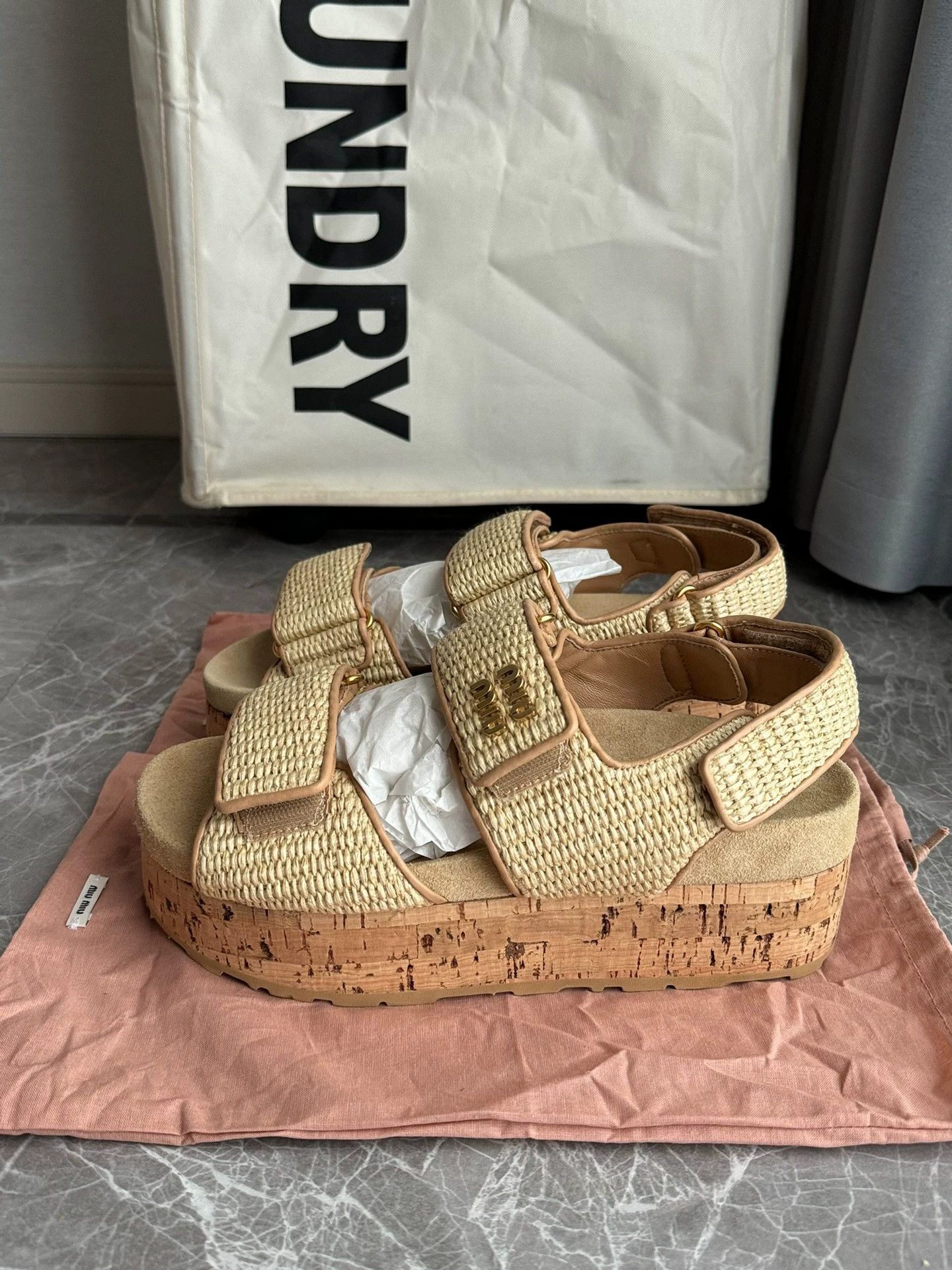 Miu Miu MIU MIU Women's Beige Woven Velcro Beach Sandals 38 Size US 7.5 / IT 37.5 - 1 Thumbnail