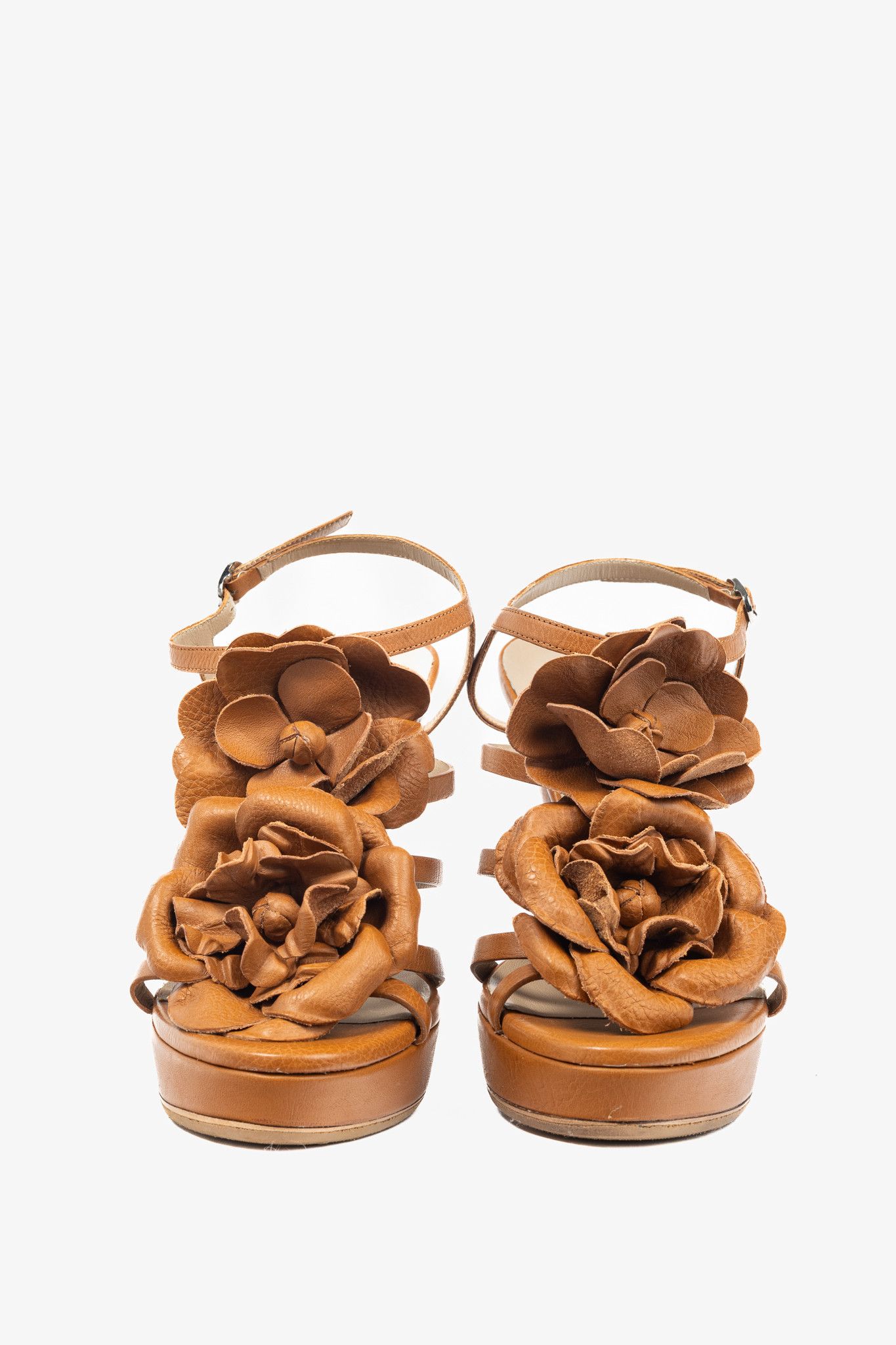 Valentino Valentino Garavani Brown Leather Rosette Platform Sandals Size US 8.5 / IT 38.5 - 2 Thumbnail