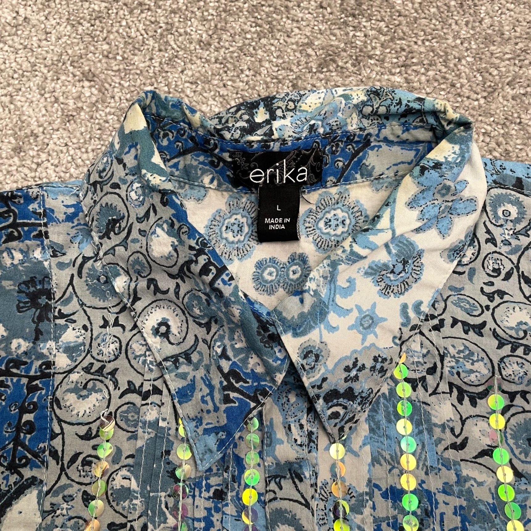 Vintage ERIKA Shirt Womens Large Blue Floral Paisley Long Sleeve Casual Size L / US 10 / IT 46 - 3 Thumbnail
