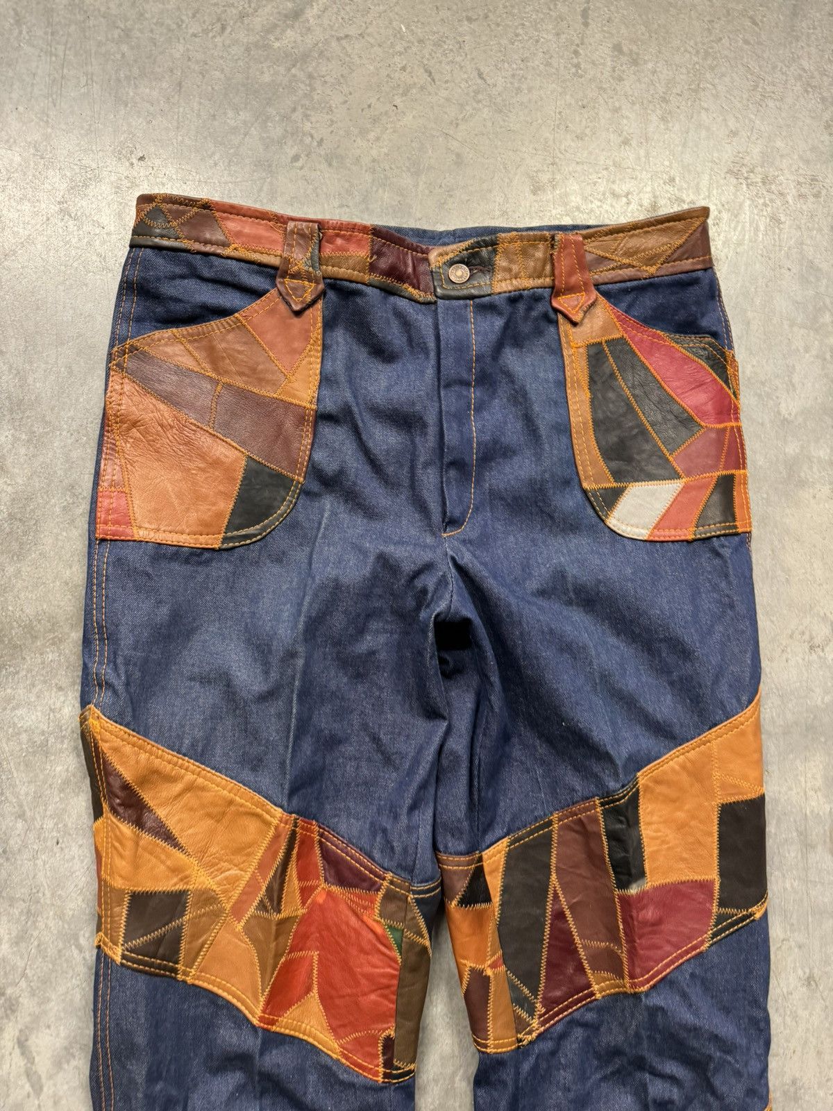 Vintage Vintage 70s Leather Patchwork Flare Jeans (38x38) Size US 38 / EU 54 - 3 Thumbnail