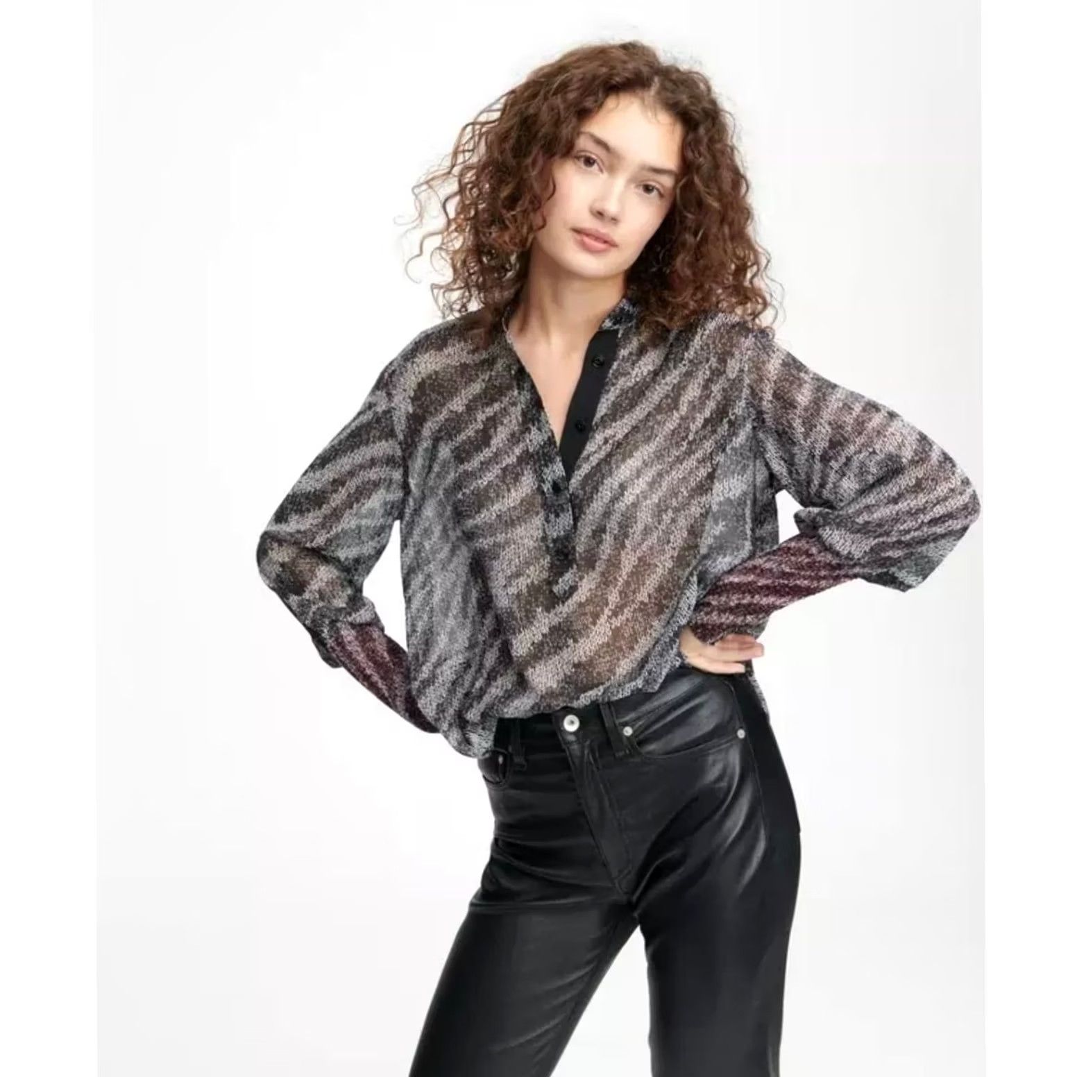 Rag & Bone Rag & Bone Womens Blouse Zebra Print Pullover Henley Maris 100% Silk XS Size XS / US 0-2 / IT 36-38 - 2 Thumbnail