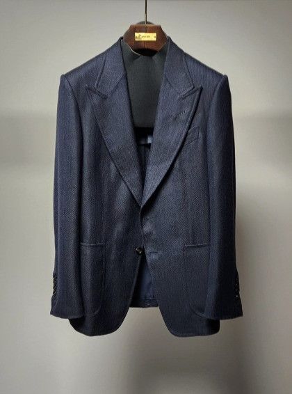 image of Tom Ford O1Sm1Stk0124 Shelton Herringbone Check Blazer In Dark Navy, Men's (Size Small)