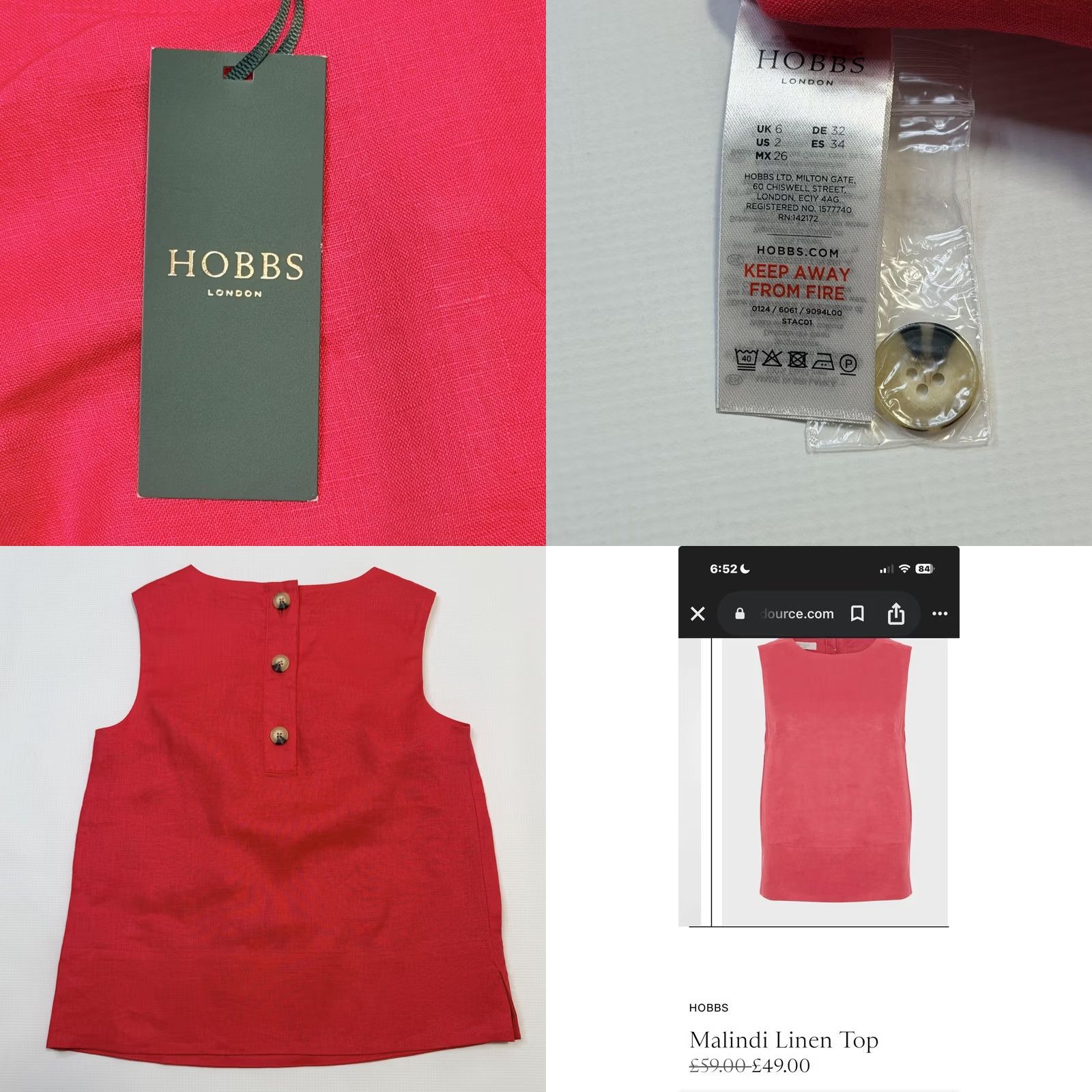 Vintage VINTAGE Hobbs London Shirt Womens US 2 Rouge Pink Malindi Linen Sleeveless Back Button Size XS / US 0-2 / IT 36-38 - 9 Thumbnail