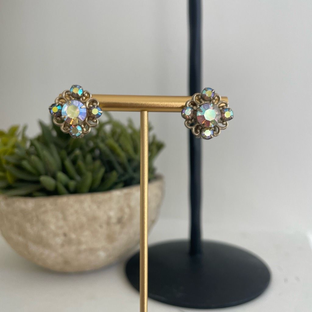 Vintage Vintage Rainbow Iridescent Rhinestone Button Clip Earrings Size ONE SIZE - 1 Thumbnail