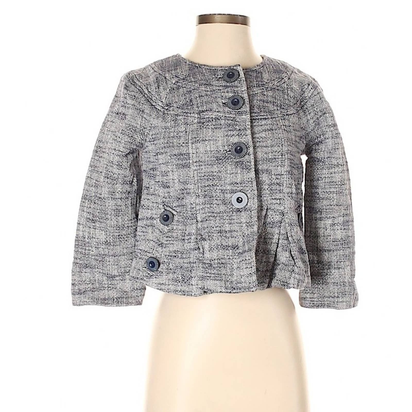 image of Tibi Timeless Designer Blue Gray Woven Tweed Cropped Jacket, Women's (Size XS)